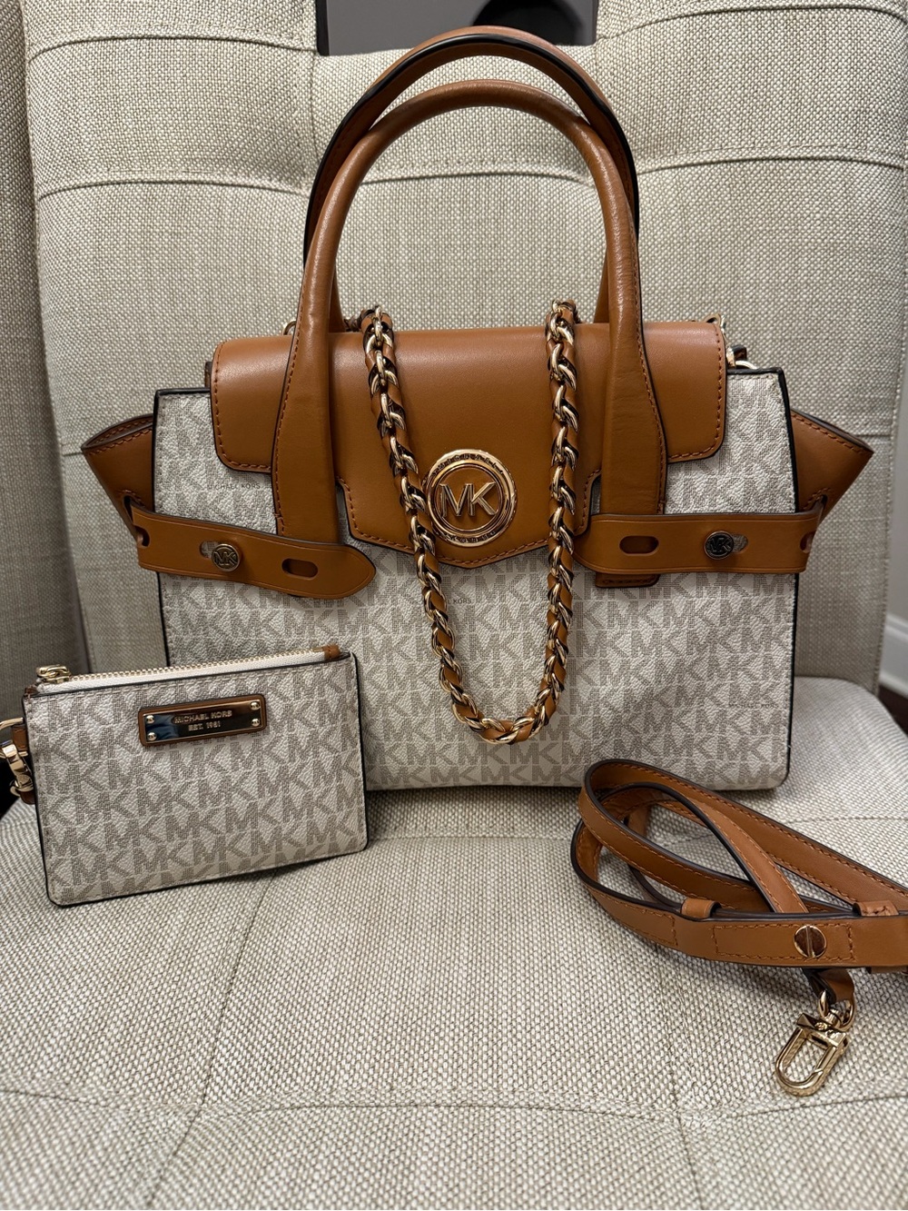 Michael Kors Brown and Cream Signature Satchel with Chain Accent